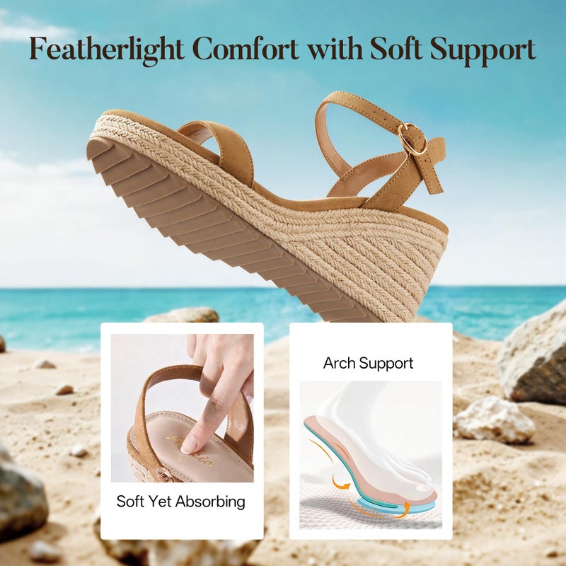 Ankis Platform Wedge Sandals for Women, Brown Espadrille Womens Wedge Sandals Comfortable Open Toe Ankle Strap High Heel Wedges for Women Dressy Summer -3.4Inch - Image 5