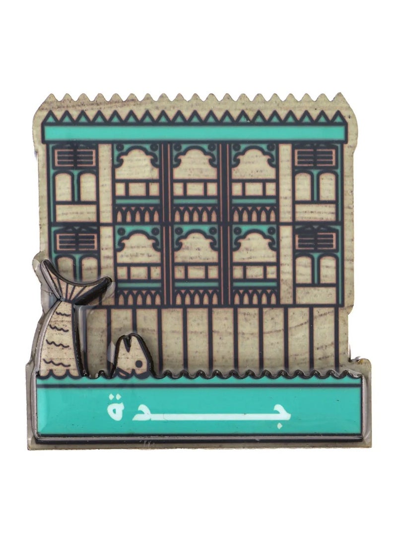 SHABABUNA x HNAK Fridge Magnet by Shababuna X Hnak, decorated with a cultural design with the phrase Jeddah and a print inspired by Saudi landmarks | High Quality and Long Lasting | made in Saudi Arabia - SDAT-4  - Image 1