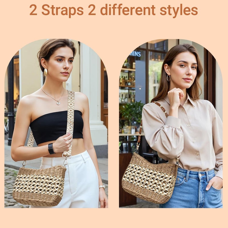 Herald Small Summer Crossbody Bags for Women, Beach Handmade Straw Woven Pocketbooks Handbag Shoulder Purse (Coffee with Gold Thread) - Image 4