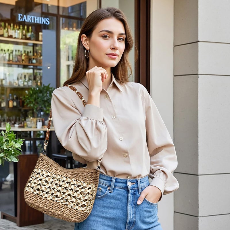 Herald Small Summer Crossbody Bags for Women, Beach Handmade Straw Woven Pocketbooks Handbag Shoulder Purse (Coffee with Gold Thread) - Image 3