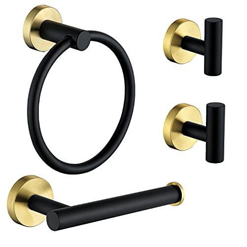 Ntipox 4 Piece Stainless Steel Matte Black and Brushed Gold Bathroom Hardware Set Include Hand Towel Ring Holder Toilet Paper Holderand 2 Robe Towel HooksBathroom Accessories Kit