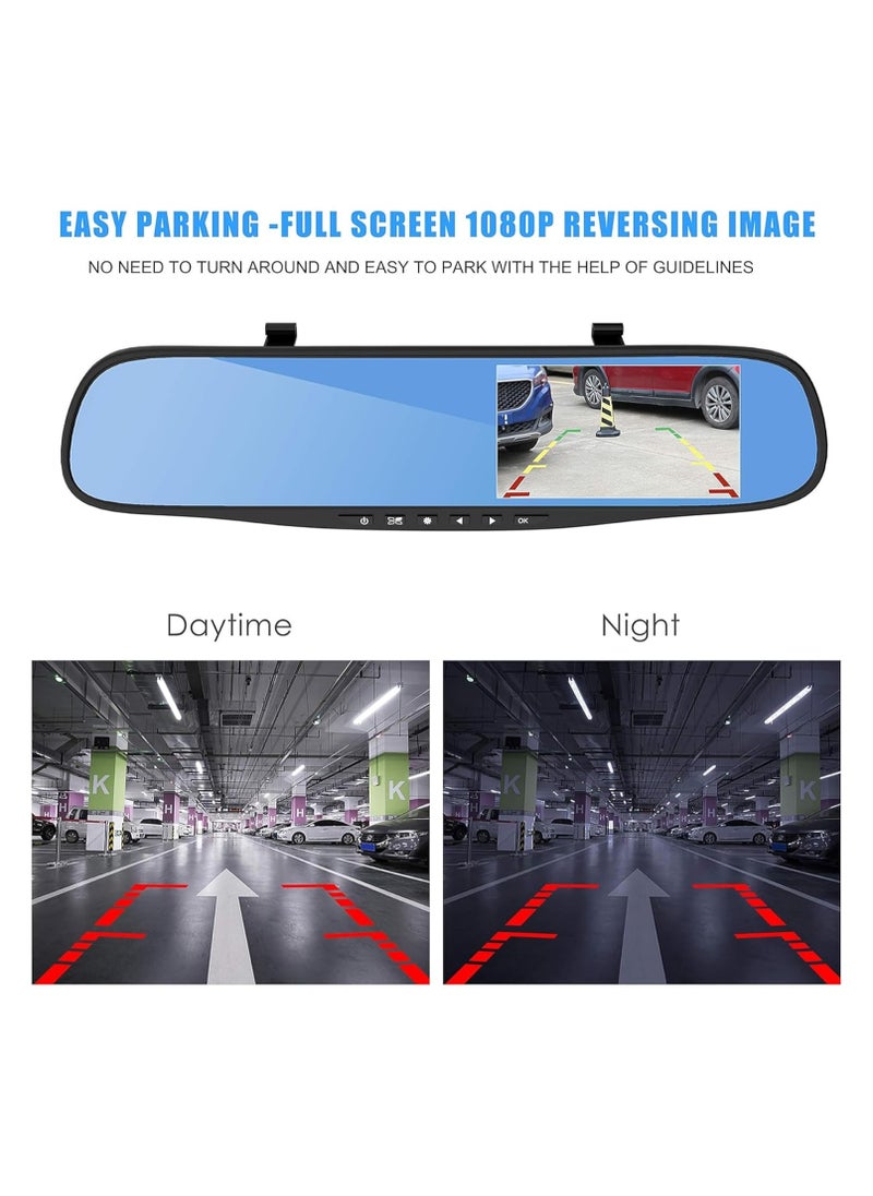 Generic - 4.3 Inch Dash Cams for Cars, Night Vision Car DVR Camera, with Dual Lens HD 1080P Screen, Wide Angle Car Dash Camera, Car Video Recorder, Car Rearview Mirror Camera, with Parking Mode - Image 1