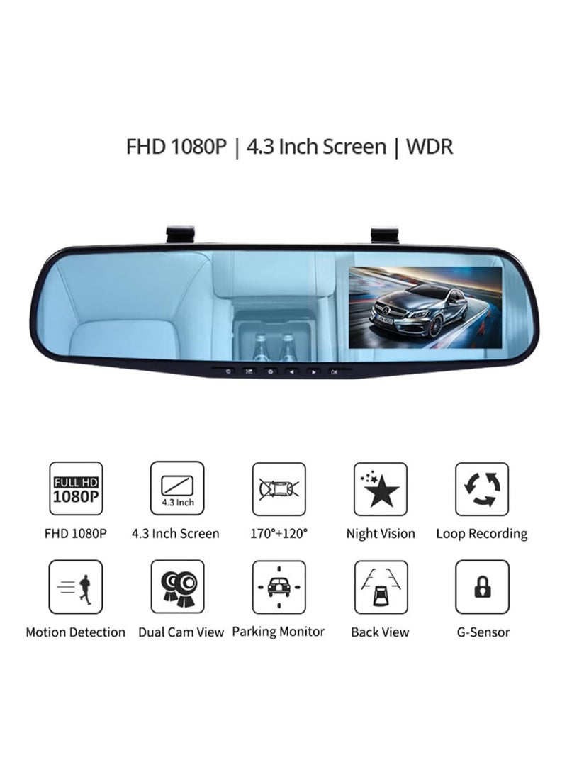 Generic - 4.3 Inch Dash Cams for Cars, Night Vision Car DVR Camera, with Dual Lens HD 1080P Screen, Wide Angle Car Dash Camera, Car Video Recorder, Car Rearview Mirror Camera, with Parking Mode - Image 1