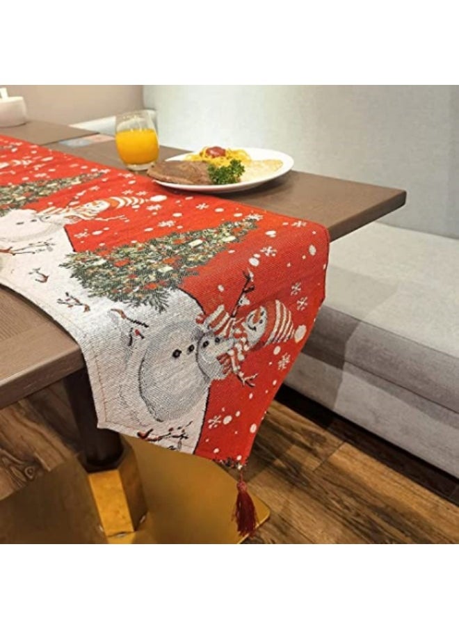 Decoration Table Runner Burlap Linen Holiday Theme Snowflake Snowman Coffee Dining Party Outdoor Placemat Tablecloth,183×33cm