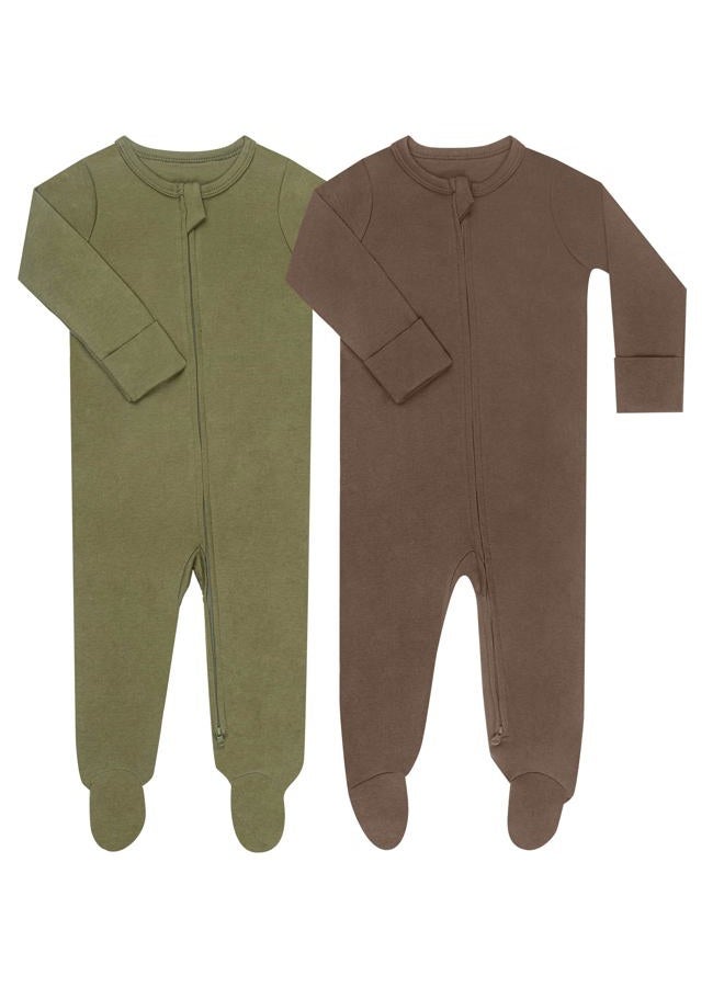 GUISBY Footed Long Sleeve Baby Pajamas with Zipper Cotton Infant Sleepers Army Green+Coffee 9-12 Months - Image 1