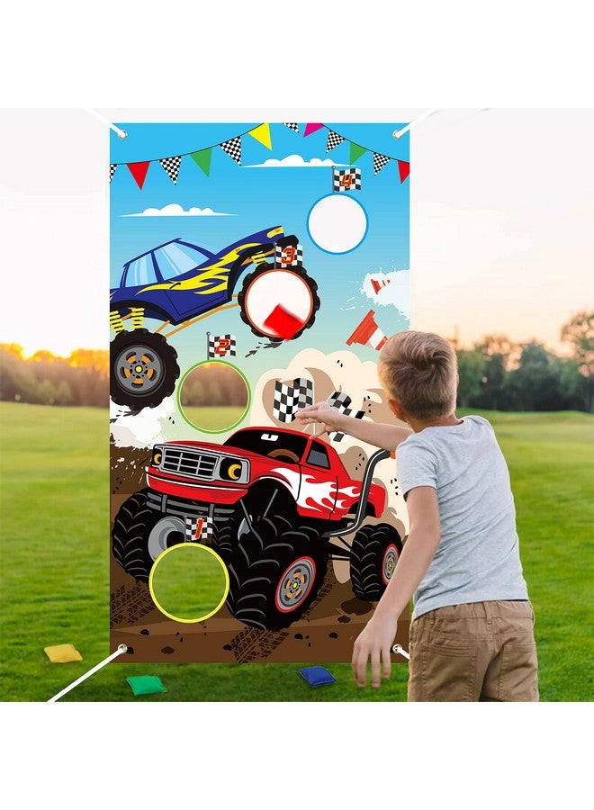 BeYumi Monster Truck Toss Game Banner With Bean Bags Checkered Party Game For Indoor Outdoor Activities 4 Score Holes Game Monster Truck Theme Birthday Party Supplies For Kid Adult - Image 1