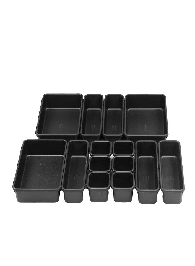 SIMPARTE 14-Piece Interlocking Drawer Organizer Set in Black – Multipurpose Plastic Storage Bins and Trays for Kitchen, Office, Desk, Makeup, Cutlery & Stationery – Space Saving Drawer Dividers - Image 2