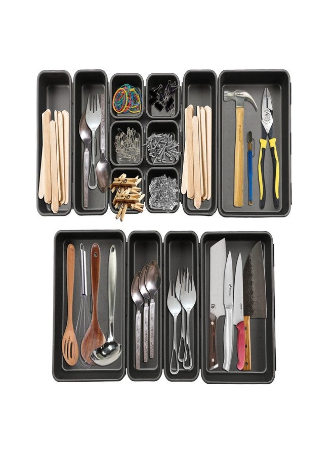 SIMPARTE 14-Piece Interlocking Drawer Organizer Set in Black – Multipurpose Plastic Storage Bins and Trays for Kitchen, Office, Desk, Makeup, Cutlery & Stationery – Space Saving Drawer Dividers - Image 1
