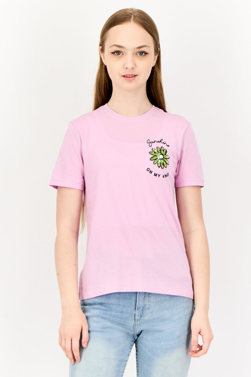 ONLY تي شيرت نسائي بقصة عادية بأكمام قصيرة مزين بالخرز، لافندر - Image 1