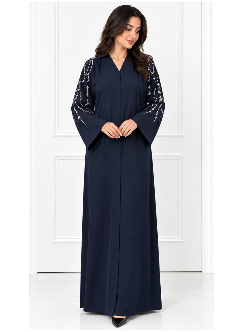 Navy Blue Nida Abaya with Elegant Embroidered Sleeves & Headscarf