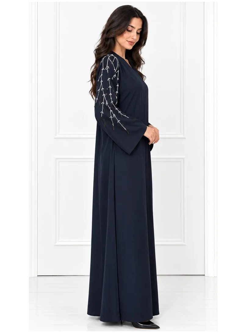 Moistreet Navy Blue Nida Abaya with Elegant Embroidered Sleeves & Headscarf