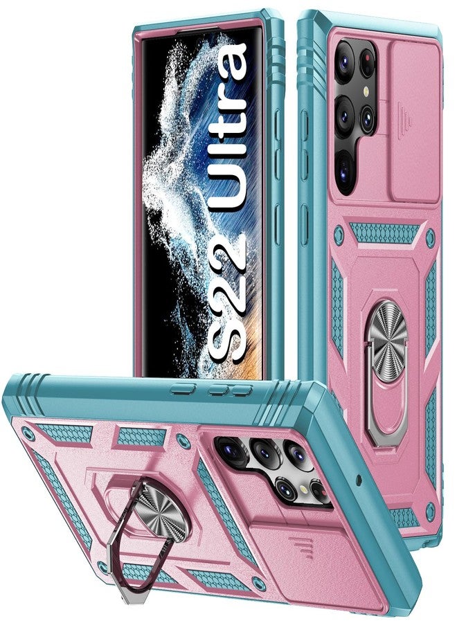 PASNEW Compatible with Samsung Galaxy S22 Ultra 5G Case Full Body Shockproof Full Body Cover Sliding Lens Built-in 360 Rotating Ring Kickstand S22Ultra Protective Kickstand S22Ultra Pink Green - Image 1
