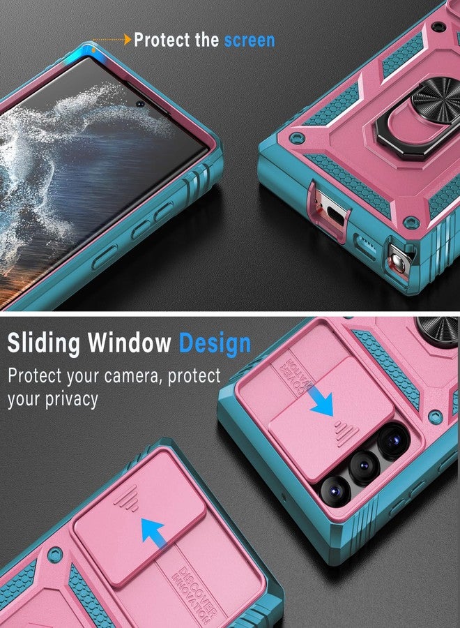 PASNEW Compatible with Samsung Galaxy S22 Ultra 5G Case Full Body Shockproof Full Body Cover Sliding Lens Built-in 360 Rotating Ring Kickstand S22Ultra Protective Kickstand S22Ultra Pink Green - Image 2