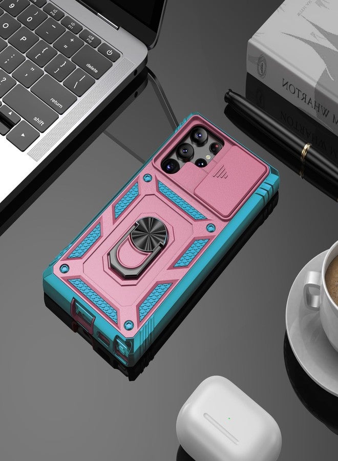 PASNEW Compatible with Samsung Galaxy S22 Ultra 5G Case Full Body Shockproof Full Body Cover Sliding Lens Built-in 360 Rotating Ring Kickstand S22Ultra Protective Kickstand S22Ultra Pink Green - Image 5