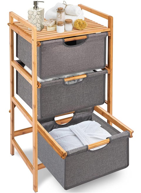 3-Tier Bamboo Bathroom Shelf, Freestanding Storage Shelf Hamper with Pull Out Drawers for Towels, Sheets, Clothes, Natural Bamboo Organizer Basket for Bedroom, Bathroom（13"*17"*38"）