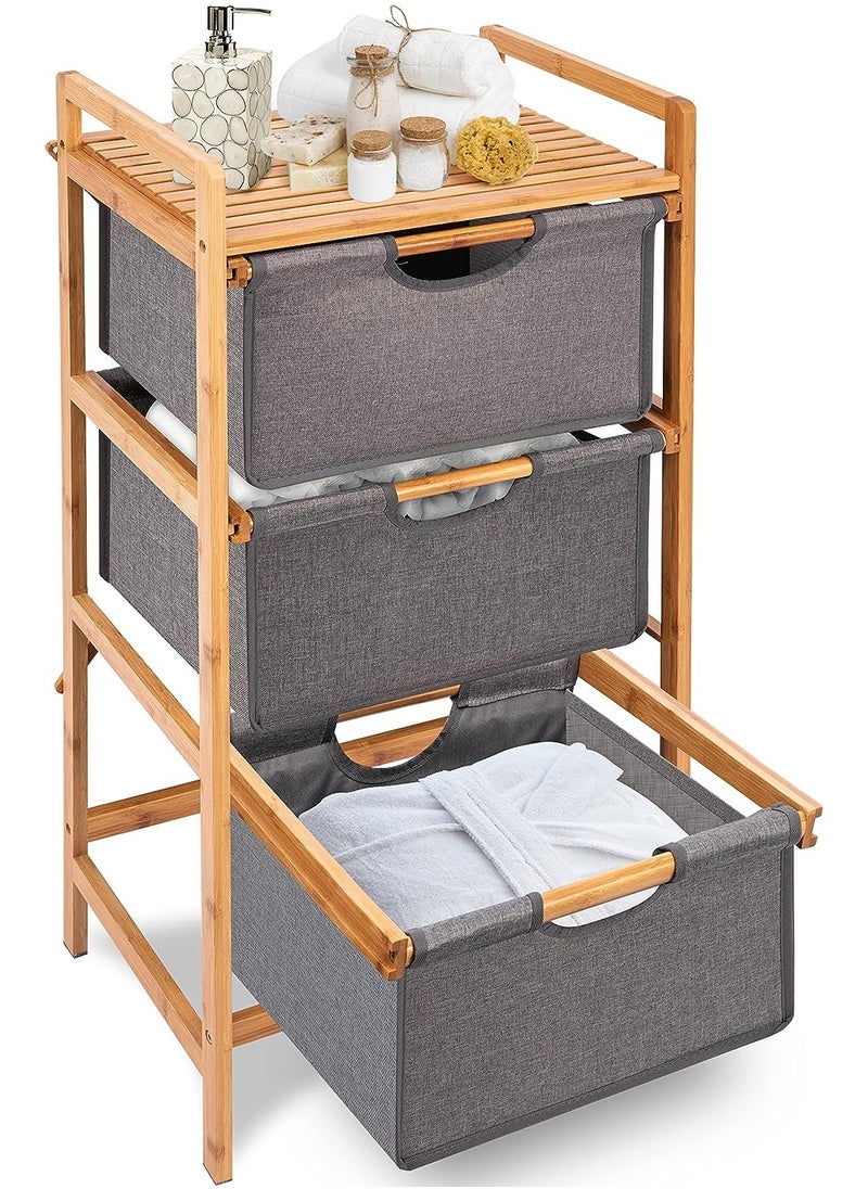 Arabest 3-Tier Bamboo Bathroom Shelf, Freestanding Storage Shelf Hamper with Pull Out Drawers for Towels, Sheets, Clothes, Natural Bamboo Organizer Basket for Bedroom, Bathroom  - Image 1