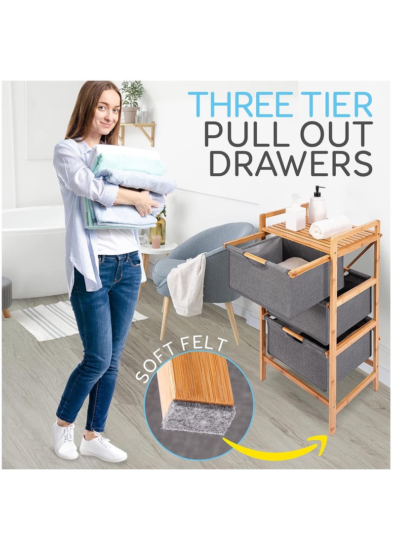 Arabest 3-Tier Bamboo Bathroom Shelf, Freestanding Storage Shelf Hamper with Pull Out Drawers for Towels, Sheets, Clothes, Natural Bamboo Organizer Basket for Bedroom, Bathroom  - Image 2