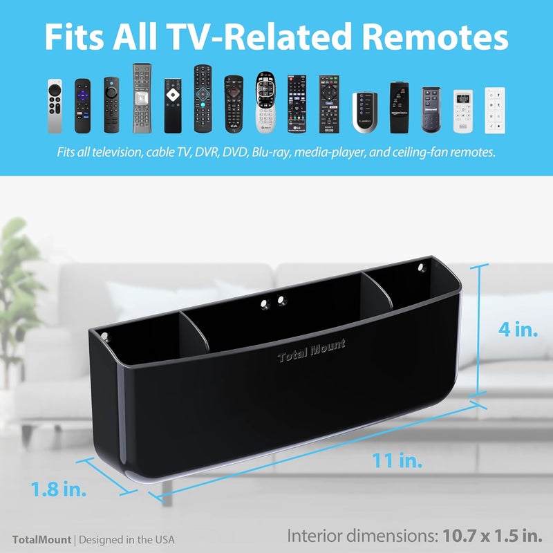 TotalMount Hole-Free Remote Holder – Eliminates the Need to Drill Holes in Your Wall (Premium Black Remote Control Holder for 5 or 6 Remotes) - Image 3