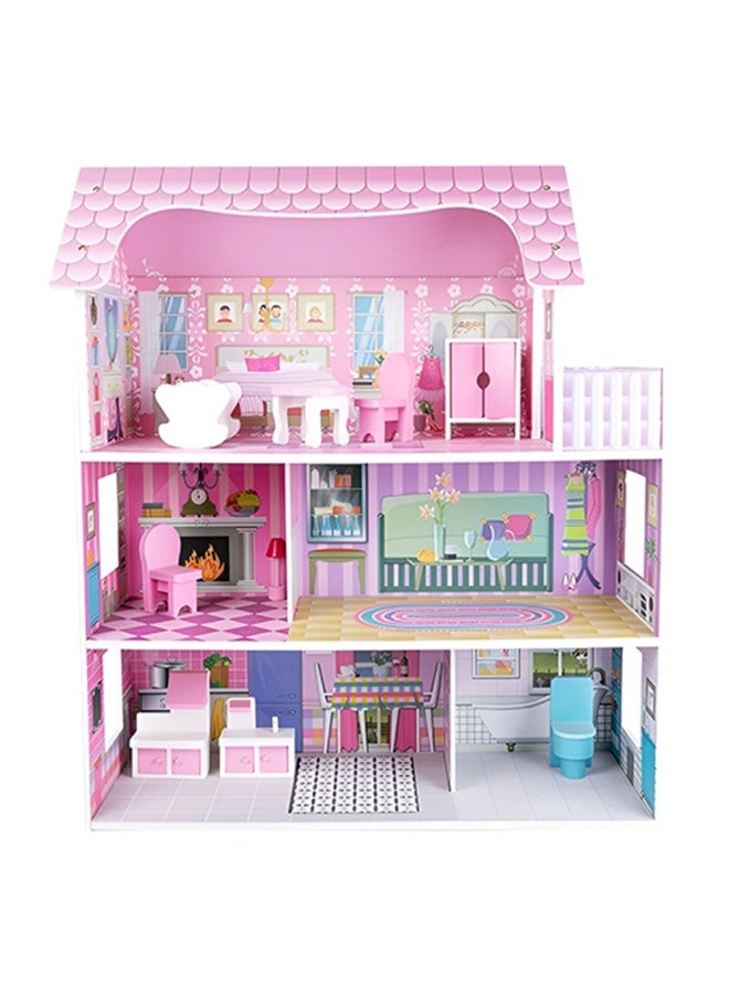 Little Story بيت الدمى الخشبي من ليتل ستوري - قلعة فيلا ثلاثية الطوابق مع أثاث وإكسسوارات - وردي - Image 1