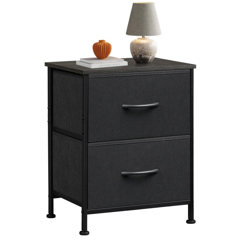 WLIVE Black Night Stand, Small Dresser with 2 Drawers & Wooden Top, Nightstand with Fabric Bins, Bedside Table End Table for Bedroom, Closet, Entryway, College Dorm, Charcoal Black - Image 1