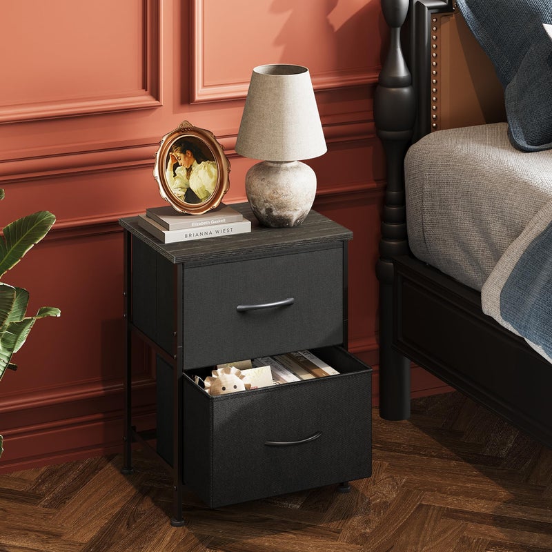 WLIVE Black Night Stand, Small Dresser with 2 Drawers & Wooden Top, Nightstand with Fabric Bins, Bedside Table End Table for Bedroom, Closet, Entryway, College Dorm, Charcoal Black - Image 2