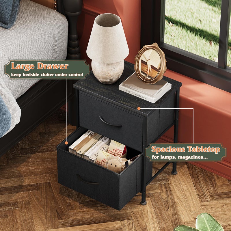 WLIVE Black Night Stand, Small Dresser with 2 Drawers & Wooden Top, Nightstand with Fabric Bins, Bedside Table End Table for Bedroom, Closet, Entryway, College Dorm, Charcoal Black - Image 3