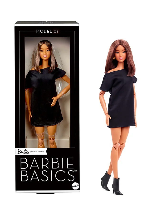 باربي Basics Model 01 Collector Doll with Brunette Hair, Black Mini Dress & Shoes, Universal-fit Fashions, Posable Body & Swappable Doll Head