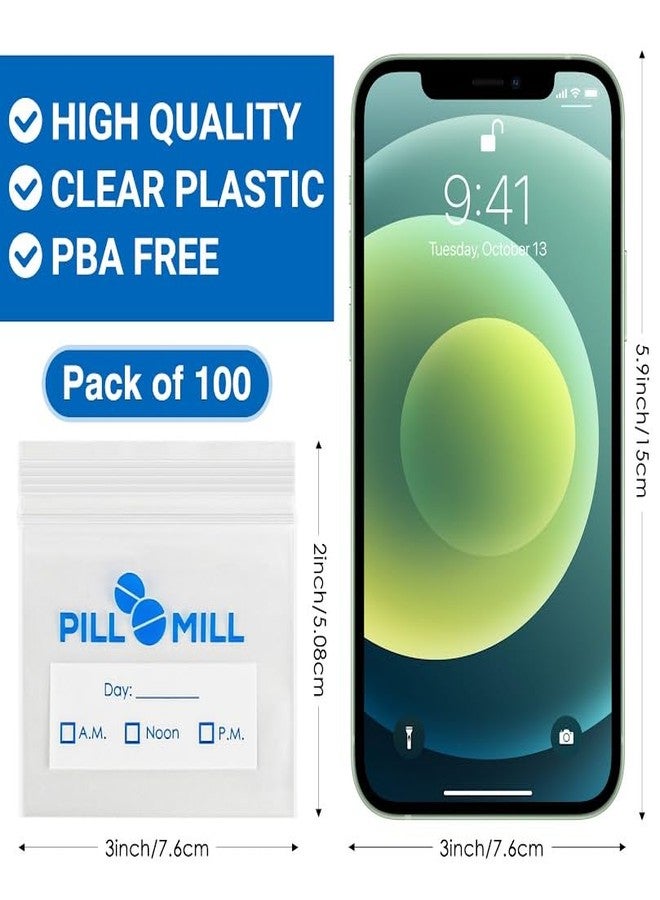Pill Mill Pill Bag Count - Size 3" X 2" 3 Mil – Plastic Pill Organizer Bags – Small Pocket Pill Baggies – Travel Pill Pouch– Daily AM PM Medicine Storage Pouches – Locking Pill Carrier Container (100-Pack - Image 2