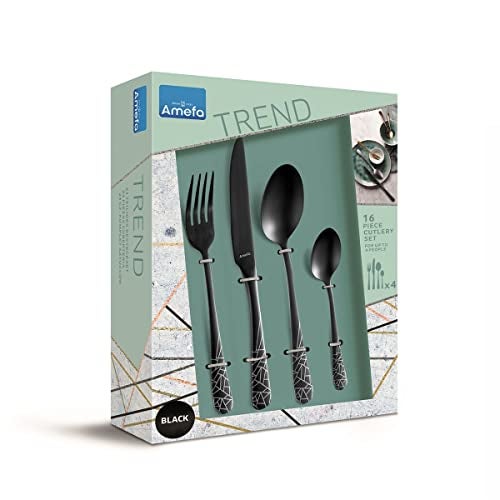 Amefa Premium Designer Stainless Steel Cutlery Set | 16 Pcs Black Spoon Fork Knife Set for Dining Table | Modern Kitchen Cutlery Set | Durable Rustproof Flatware Set - Image 3