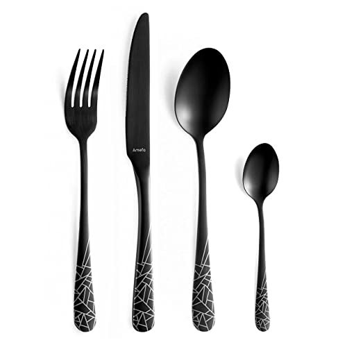 Amefa Premium Designer Stainless Steel Cutlery Set | 16 Pcs Black Spoon Fork Knife Set for Dining Table | Modern Kitchen Cutlery Set | Durable Rustproof Flatware Set - Image 1