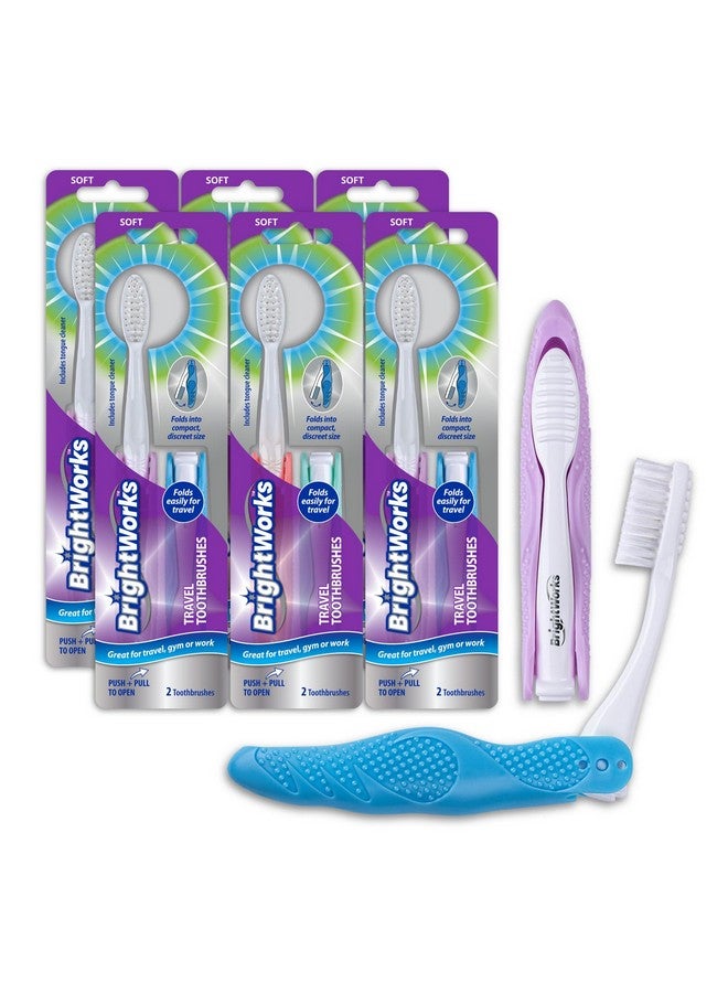 BrightWorks BrightWorks Folding Travel Toothbrush (12 Total, 6 Sets of 2) with Built-in Cover. Portable with Soft Bristles and Tongue Cleaner. for Camping, Hiking, Travel, Work, Gym, Purse, Backpack.  - Image 1