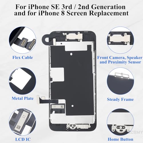 DGSCSMY for iPhone SE 3rd / 2nd Generation and for iPhone 8 Screen Replacement with Home Button SE 2022 LCD Display 4.7" SE3 3D Touch Digitizer with Ear Speaker Front Camera Full Repair Tools Kit - Image 2