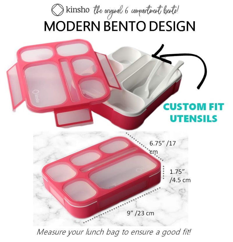 Kinsho Bento-Box Lunch-box Containers for Kids Girls Toddler Women, 6 Compartment School Portion Container Kit, Meal or Snack Boxes for School Daycare Travel, BPA-Free Pink - Image 2