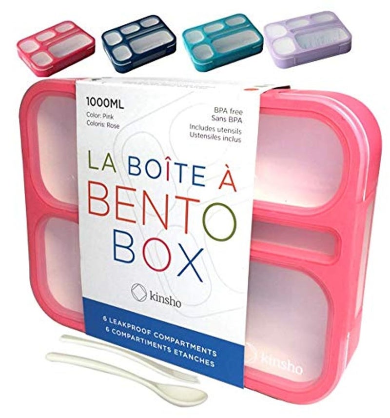 Kinsho Bento-Box Lunch-box Containers for Kids Girls Toddler Women, 6 Compartment School Portion Container Kit, Meal or Snack Boxes for School Daycare Travel, BPA-Free Pink - Image 1