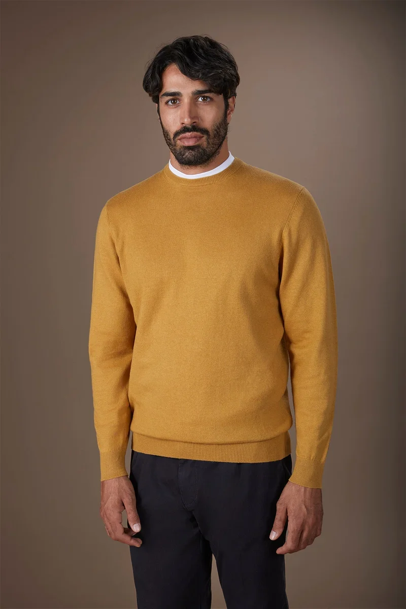 Doppelganger Men's regular fit crew neck jumper in wool and cotton - Ochre Yellow