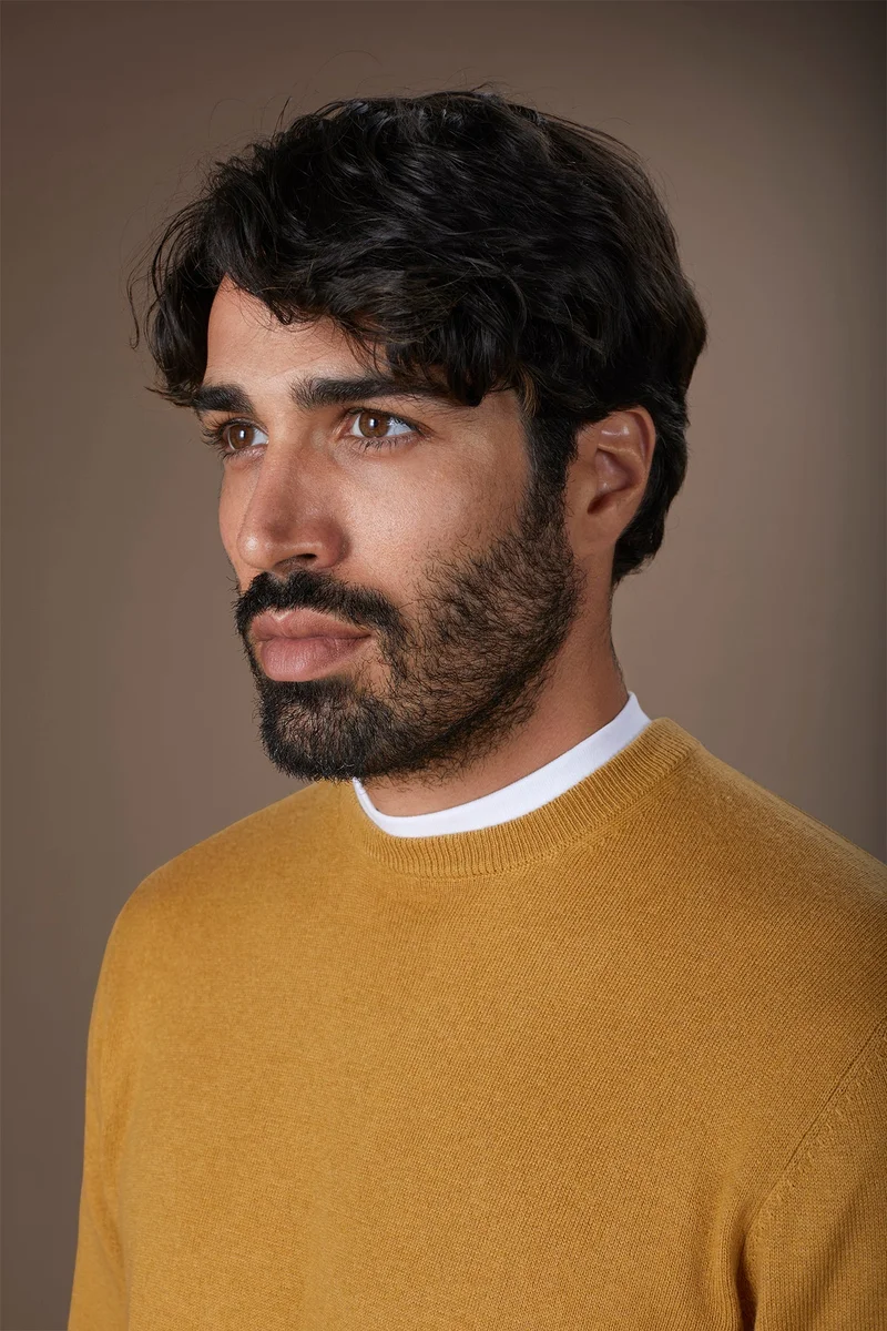 Doppelganger Yellow Men's regular fit crew neck jumper in wool and cotton - Ochre Yellow for Men | Best Price UAE