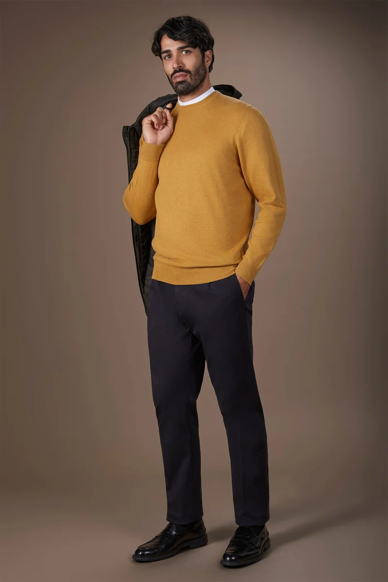 Doppelganger Yellow Men's regular fit crew neck jumper in wool and cotton - Ochre Yellow for Men | Best Price UAE