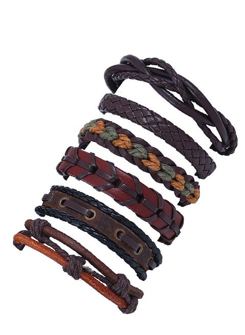 6 Pcs Woven Braided Leather Adjustable Bracelet  Cool Leather Wristbands Cuff Bracelets Punk Multilayered Handmade Wrap Bracelets for Men Women