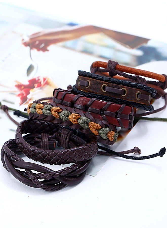 HAWAWA 6 Pcs Woven Braided Leather Adjustable Bracelet  Cool Leather Wristbands Cuff Bracelets Punk Multilayered Handmade Wrap Bracelets for Men Women - Image 2