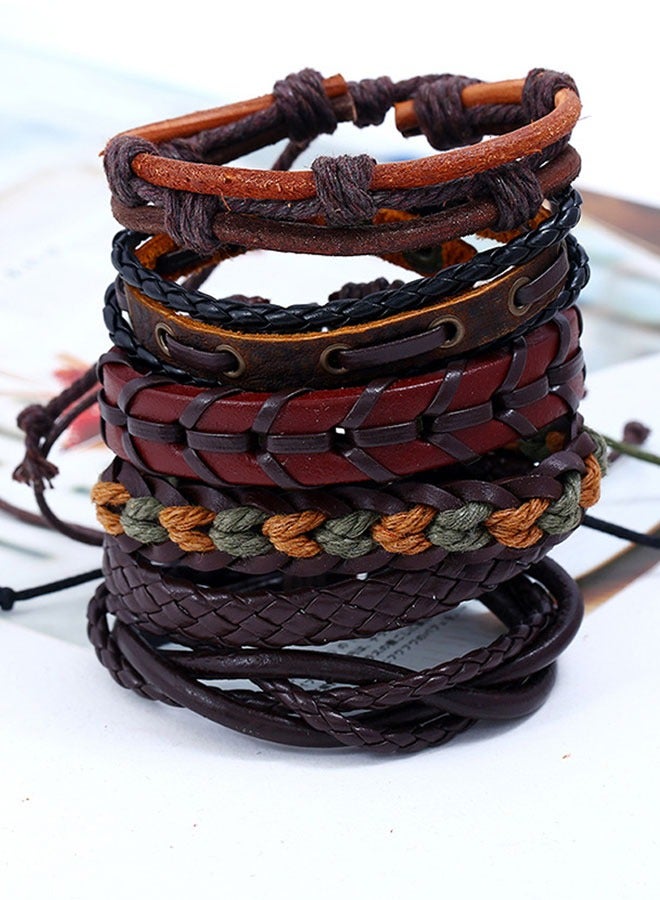 HAWAWA 6 Pcs Woven Braided Leather Adjustable Bracelet  Cool Leather Wristbands Cuff Bracelets Punk Multilayered Handmade Wrap Bracelets for Men Women - Image 3