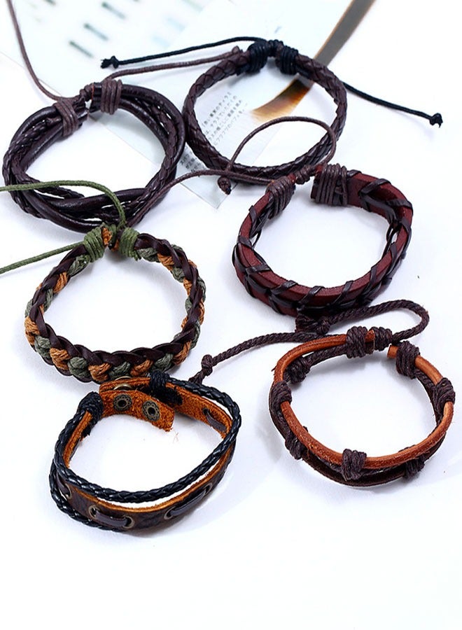 HAWAWA 6 Pcs Woven Braided Leather Adjustable Bracelet  Cool Leather Wristbands Cuff Bracelets Punk Multilayered Handmade Wrap Bracelets for Men Women - Image 4