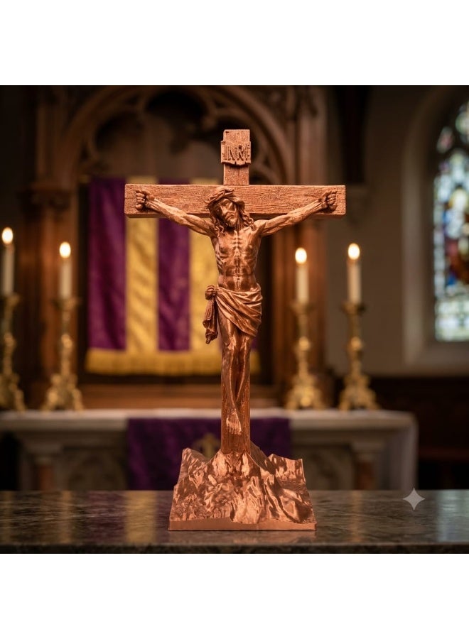 3D Printed Jesus Christ Crucifix Cross Statue (29.3cm) – Silk Copper, Wall-Mount or Freestanding - Image 1