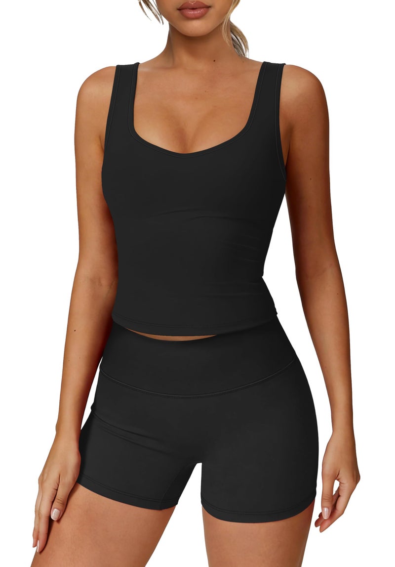 Alaroo Workout Sets for Women 2 Piece Spring Summer Outfits U Neck Crop Tank Tops High Waisted Biker Shorts Gym Clothes Lounge Two Piece Matching Sets Black M - Image 1