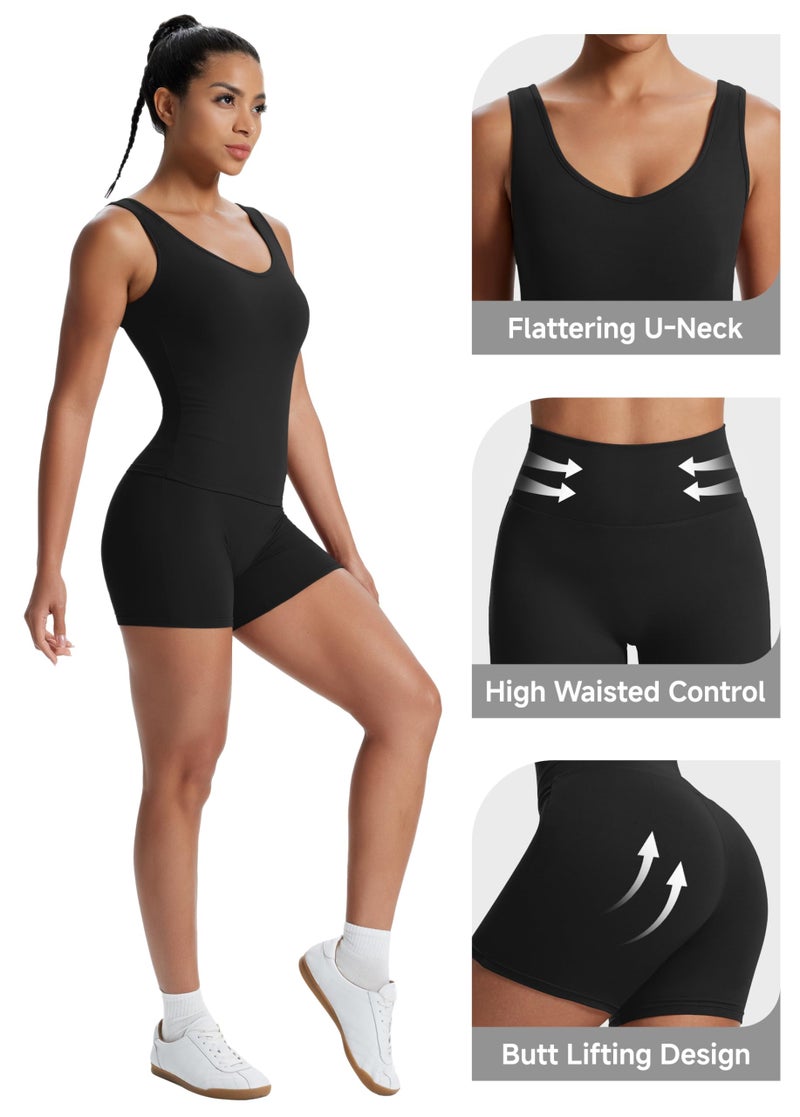 Alaroo Workout Sets for Women 2 Piece Spring Summer Outfits U Neck Crop Tank Tops High Waisted Biker Shorts Gym Clothes Lounge Two Piece Matching Sets Black M - Image 5