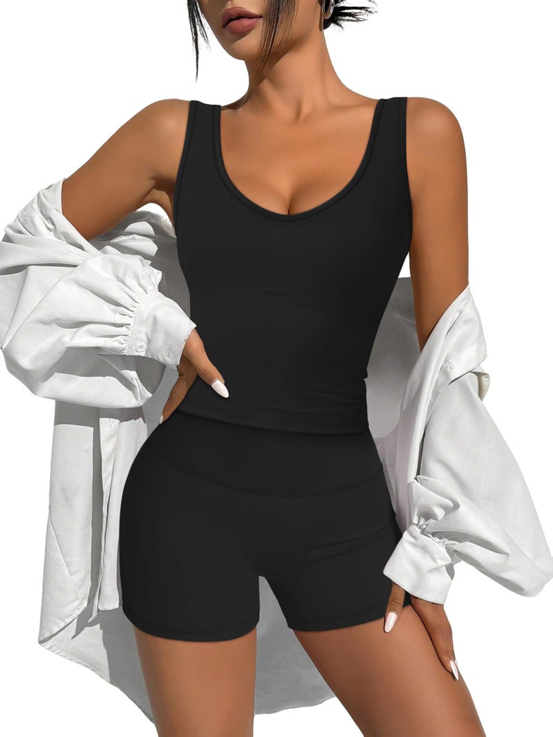 Alaroo Workout Sets for Women 2 Piece Spring Summer Outfits U Neck Crop Tank Tops High Waisted Biker Shorts Gym Clothes Lounge Two Piece Matching Sets Black M - Image 2