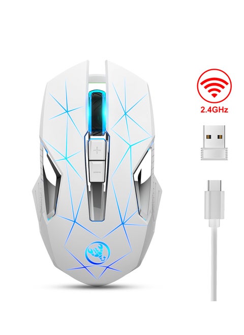 ماوس لاسلكي HXSJ NEW T300 2.4G مريح، 3 نقاط لكل بوصة قابلة للتعديل، ضوء تنفس ملون (أبيض)