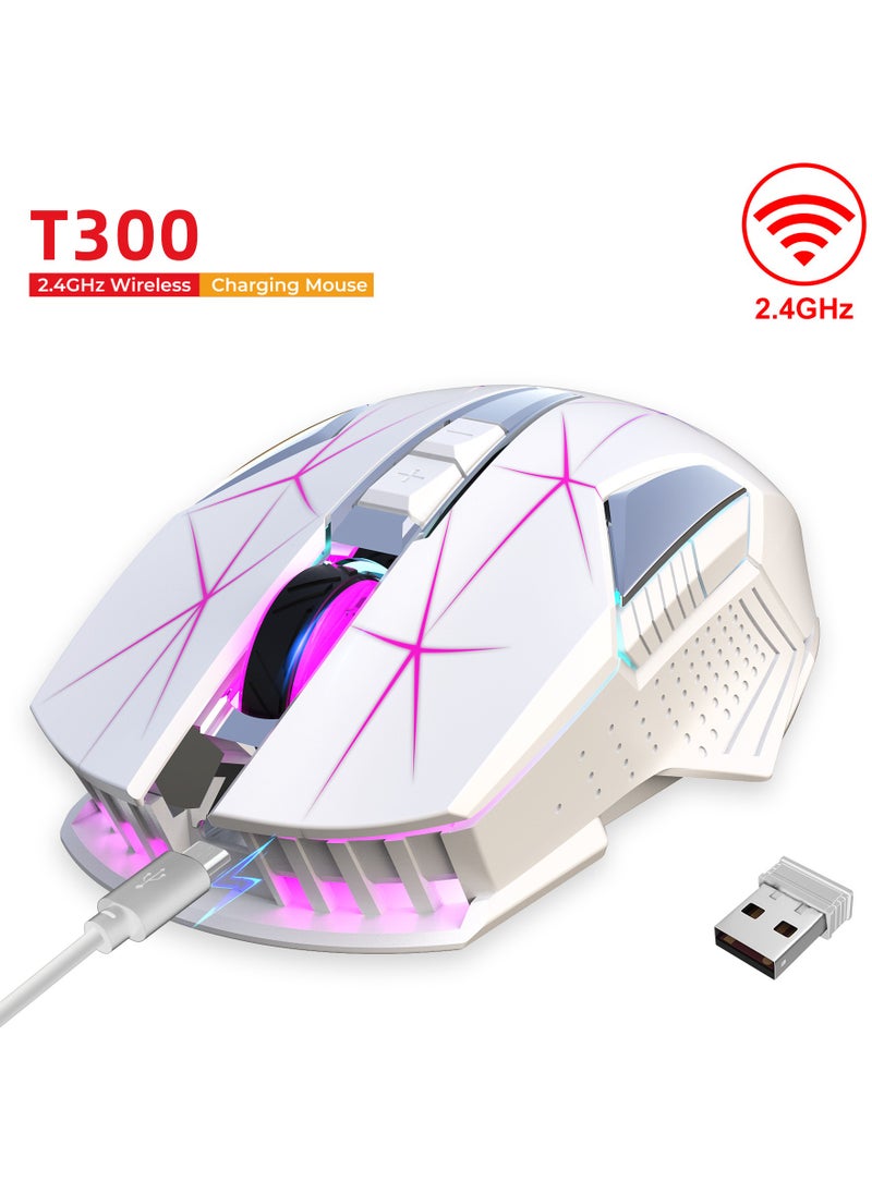 إتش إكس إس جيه - ماوس لاسلكي HXSJ NEW T300 2.4G مريح، 3 نقاط لكل بوصة قابلة للتعديل، ضوء تنفس ملون (أبيض) - Image 1