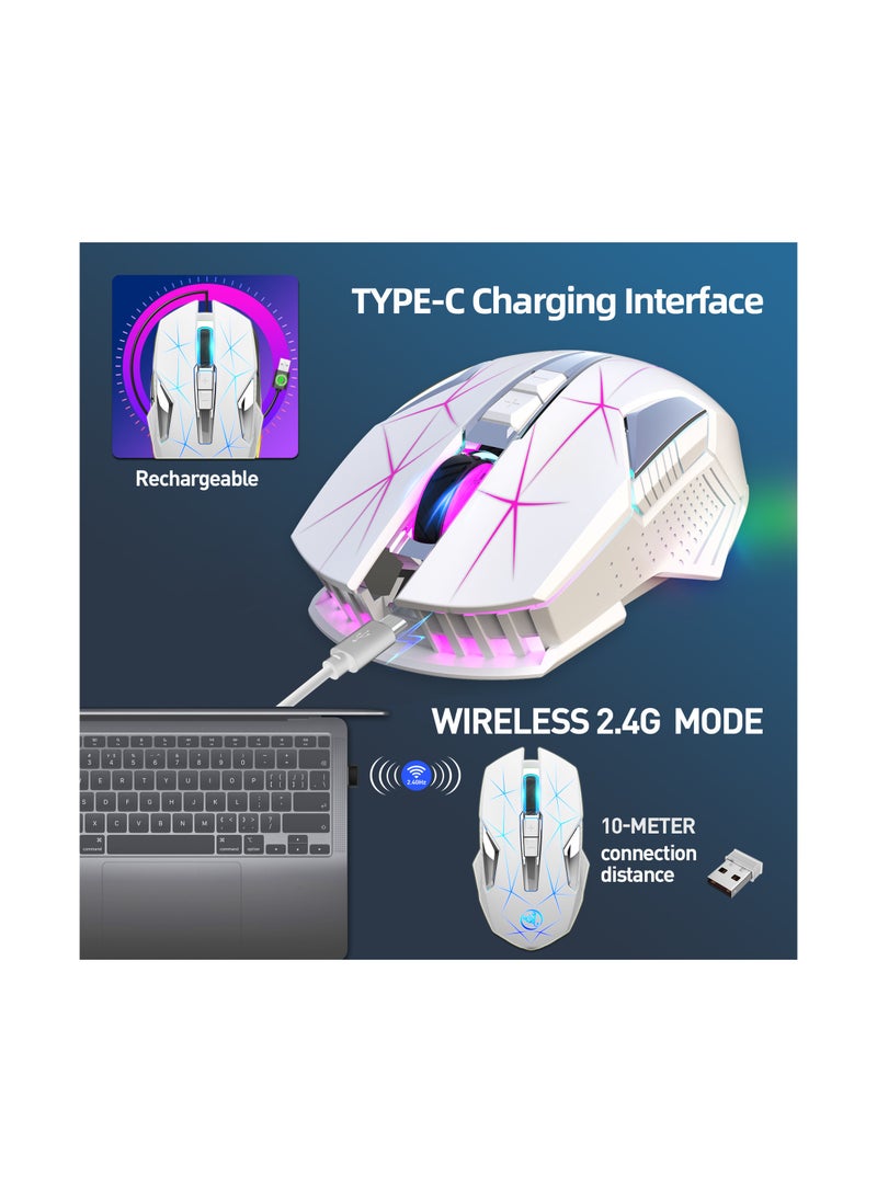 إتش إكس إس جيه - ماوس لاسلكي HXSJ NEW T300 2.4G مريح، 3 نقاط لكل بوصة قابلة للتعديل، ضوء تنفس ملون (أبيض) - Image 1