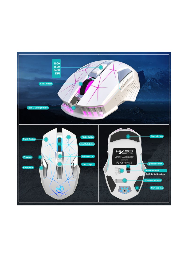 إتش إكس إس جيه - ماوس لاسلكي HXSJ NEW T300 2.4G مريح، 3 نقاط لكل بوصة قابلة للتعديل، ضوء تنفس ملون (أبيض) - Image 1