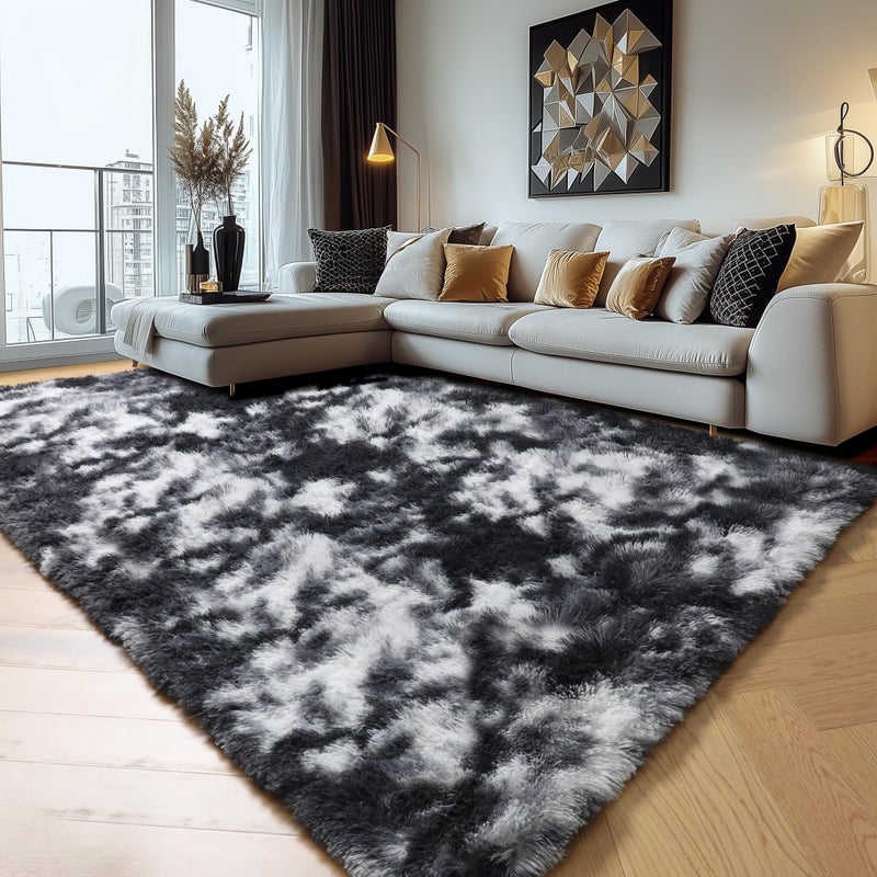 Amdrebio Black White Grey Area Rugs for Living Room, 5x8 Soft Fluffy Rugs for Bedroom, Furry Plush Rug for Kids Room, Modern Large Shaggy Rug for Men, Boy, Aesthetic Cool Floor Carpet for Dorm - Image 4